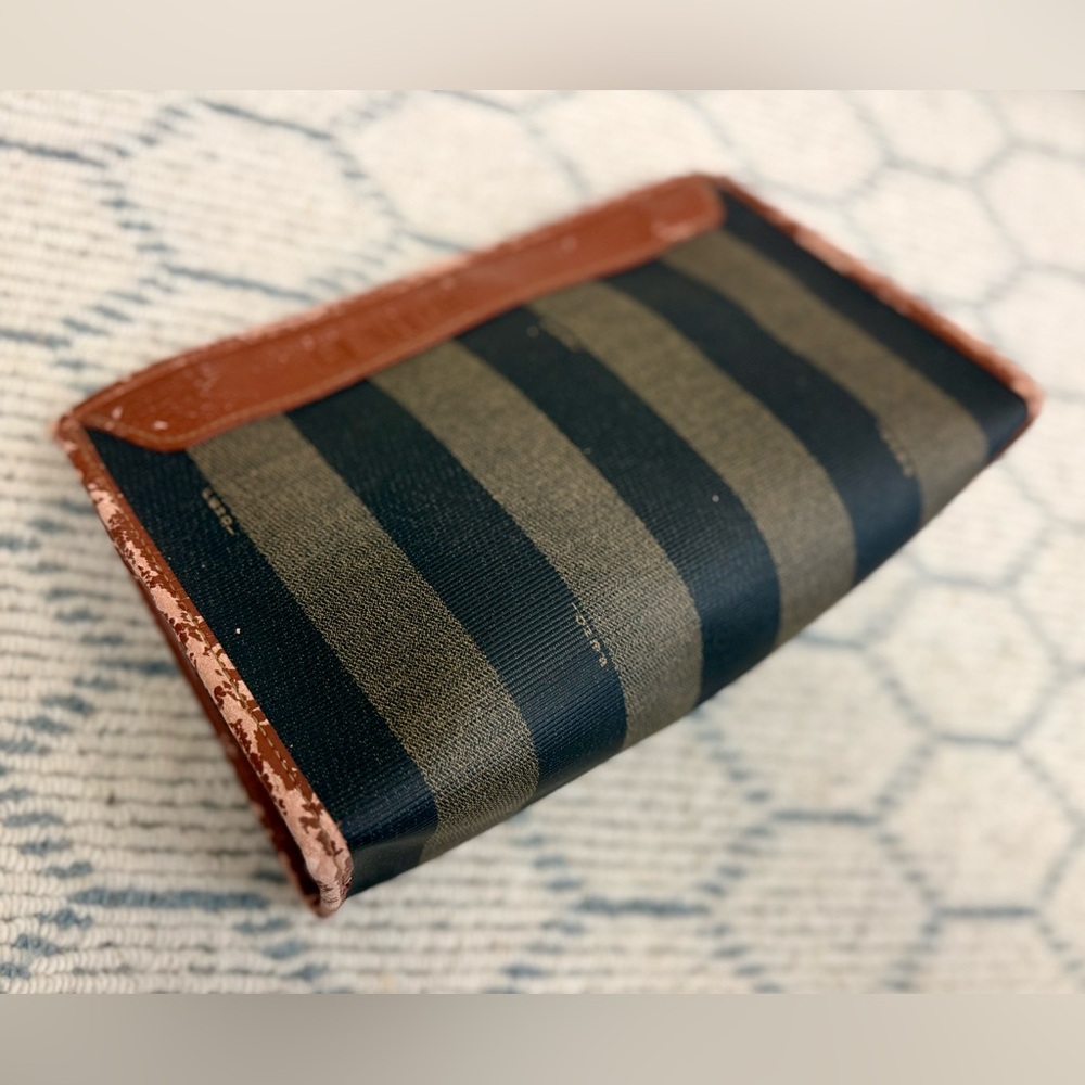 FENDI Vintage Classic Brown Canvas Leather Pequin Striped Logo Clutch Pouch - Picture 7 of 16